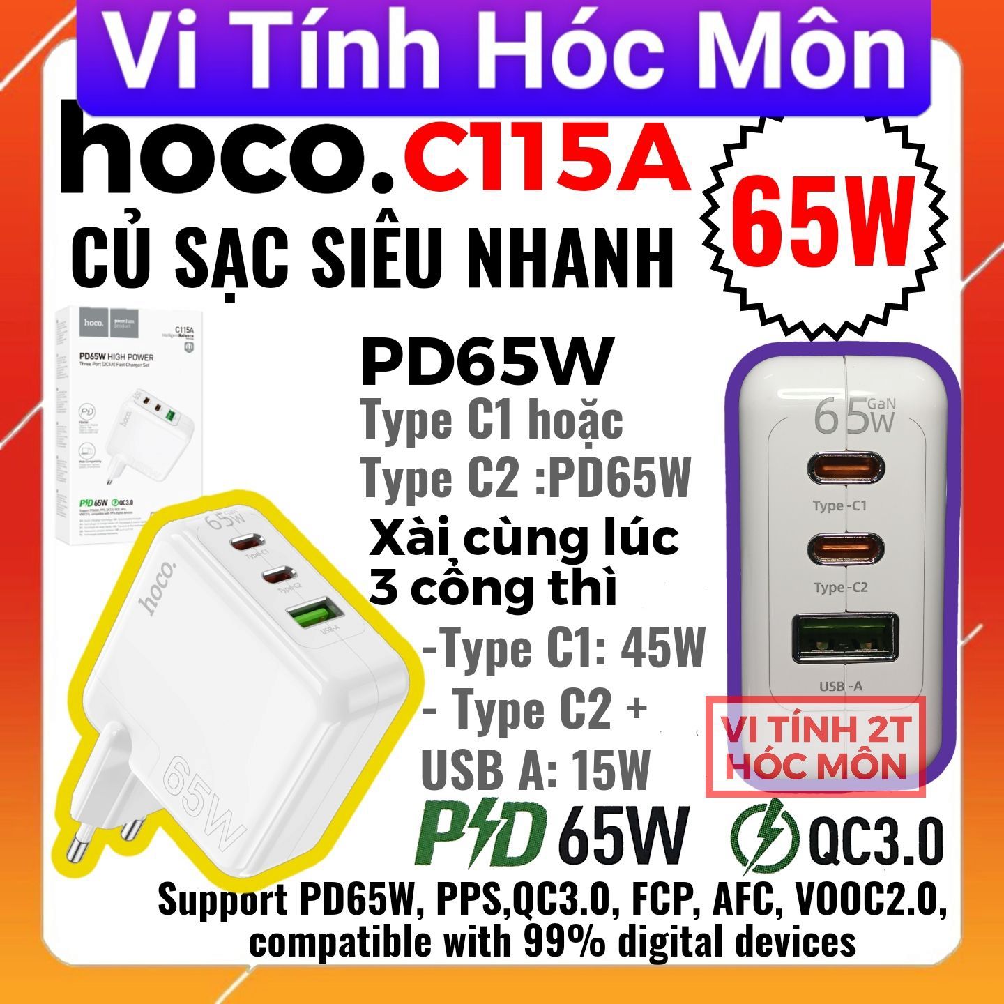 Hoco c115A củ sạc siêu nhanh 65W PD65W 2 typec 1 usb