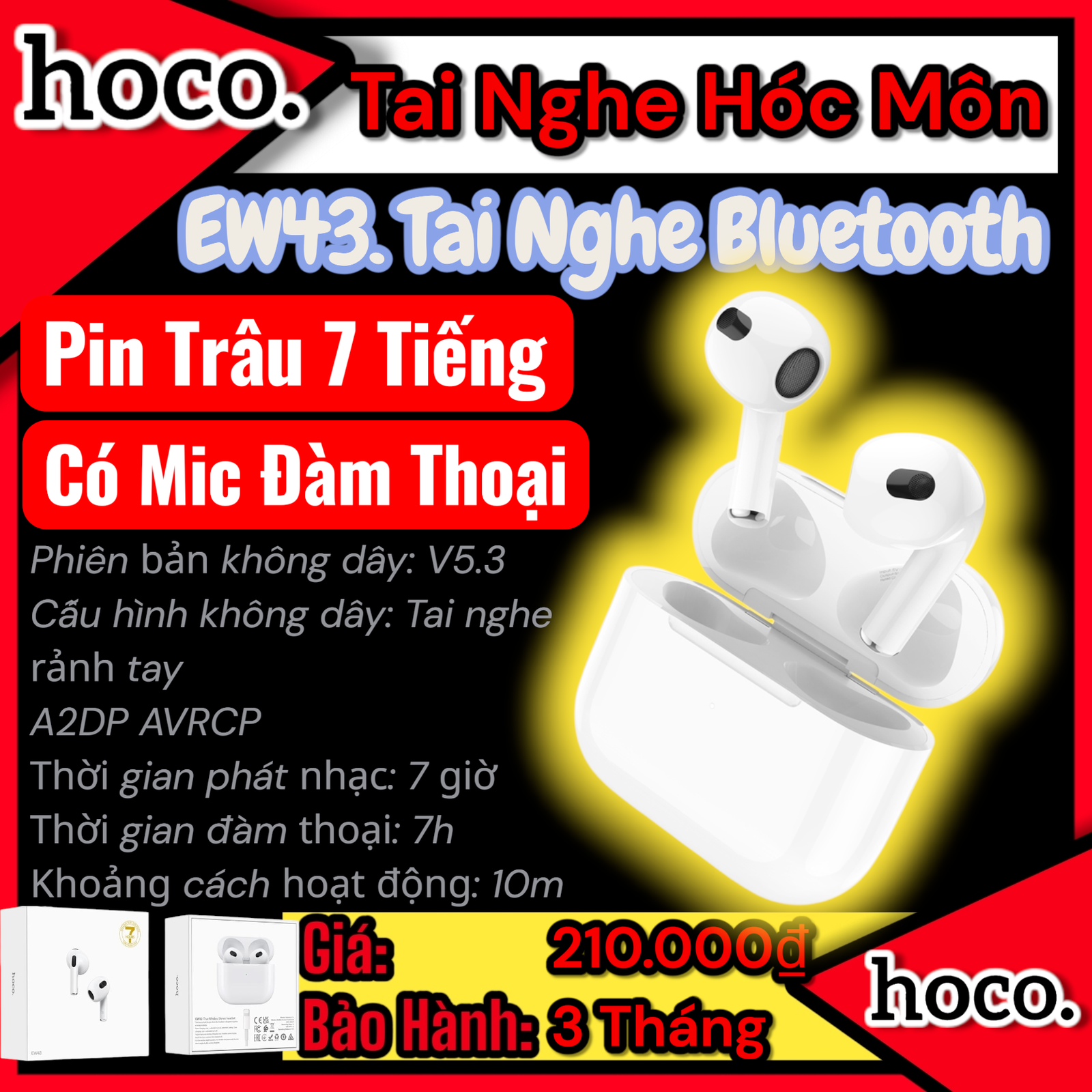 ( có VAT) Tai Nghe Bluetooth Hoco EW43 V5.3 | Cao Cấp 7H Nghe Nhạc | Tích Hợp Micro Đàm Thoại | Âm Thanh Sống Động | Tai Nghe Hóc Môn | HOCO Hóc Môn