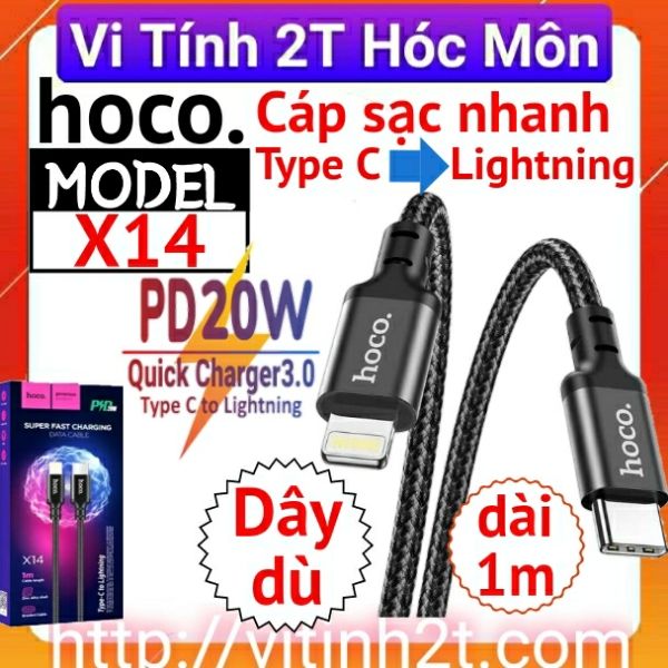 Cáp sạc nhanh PD20W Hoco X14 Type-C to Lightning vải dù siêu bền truyền dữ liệu cho iPhone/iPad dài 1m