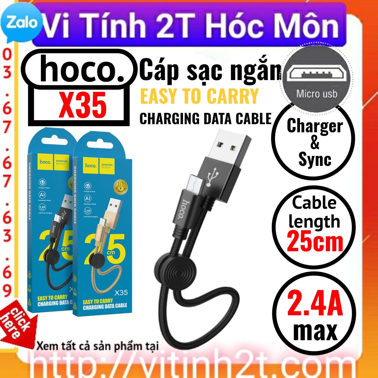 [Micro usb] Cáp sạc ngắn 25cm hoco x35 2.4A