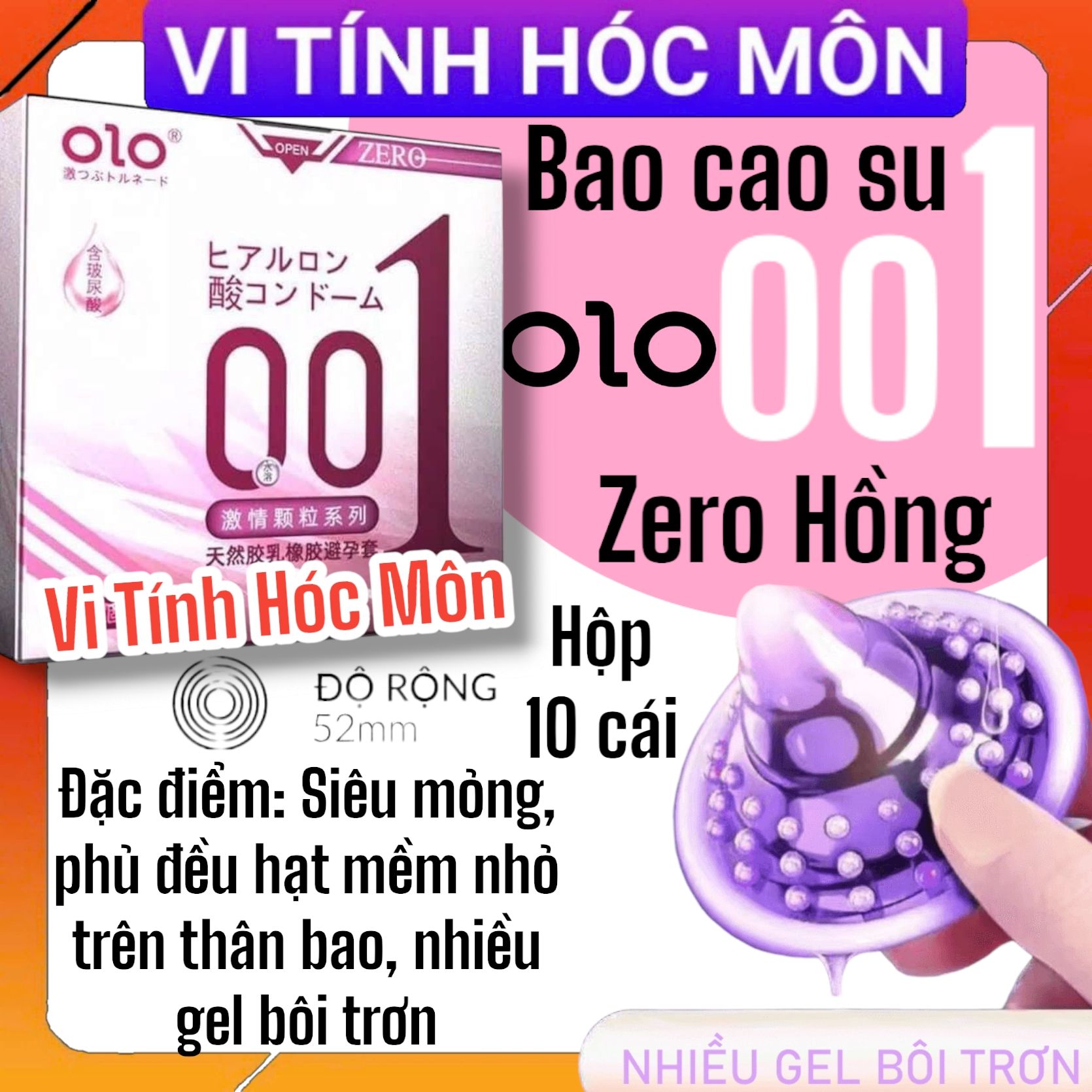 Bao cao su OLO 0.01 Zero Hồng - Siêu mỏng, có hạt, nhiều gel bôi trơn hộp 10 cái