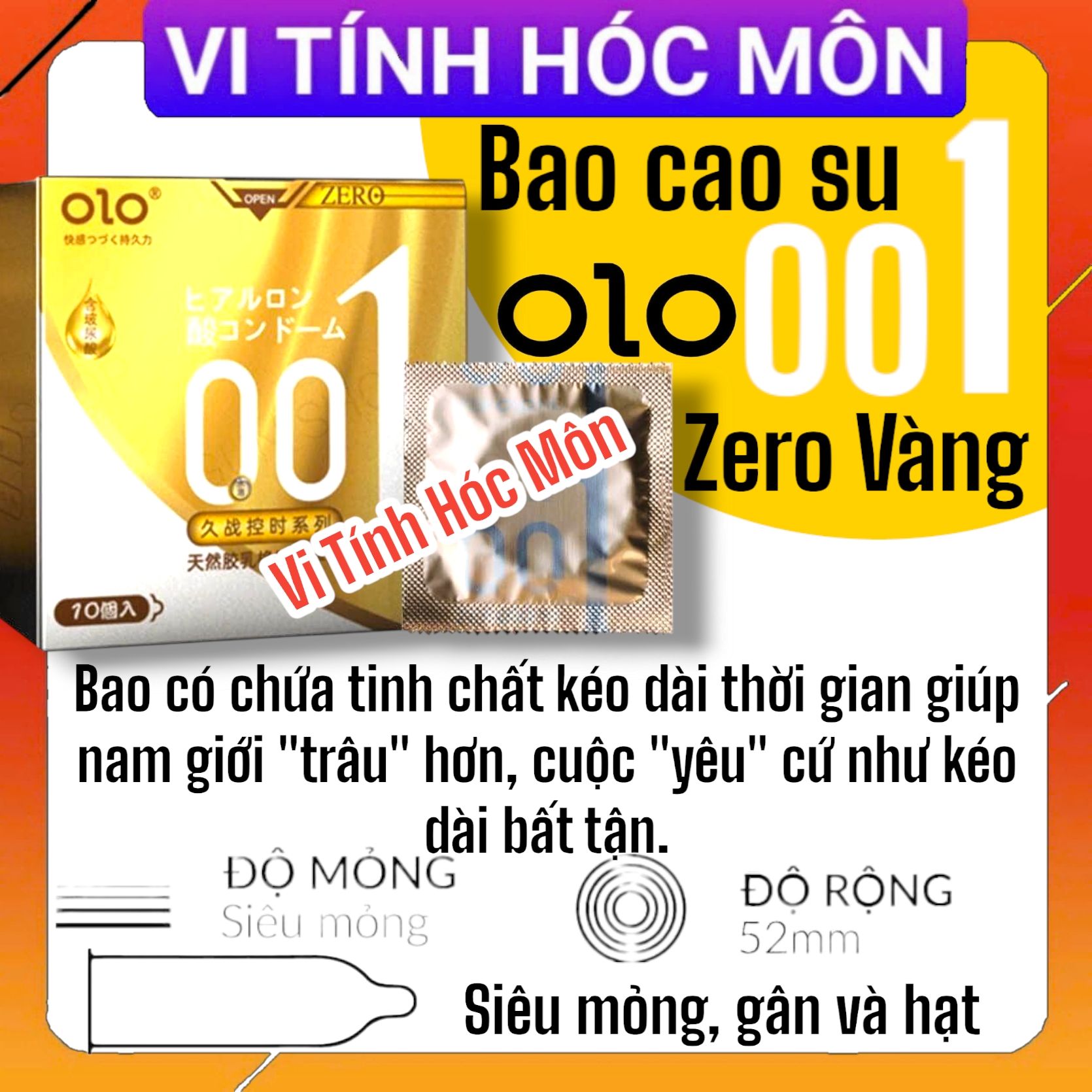 Bao cao su OLO 0.01 Zero Vàng - Siêu mỏng, gân và hạt - Hộp 10 cái chứa tinh chất kéo dài thời gian giúp nam giới 