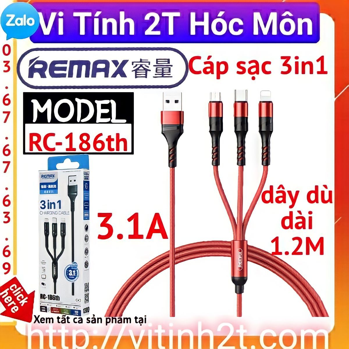 Cáp sạc đa năng 3 đầu Remax RC-186th 3.1A