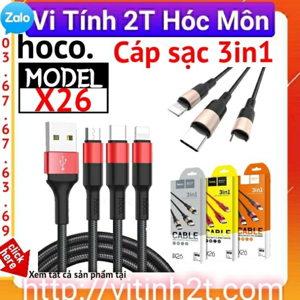 Cáp Sạc Hoco X26 3 in 1 cổng Lightning + Micro Usb + Type-C
