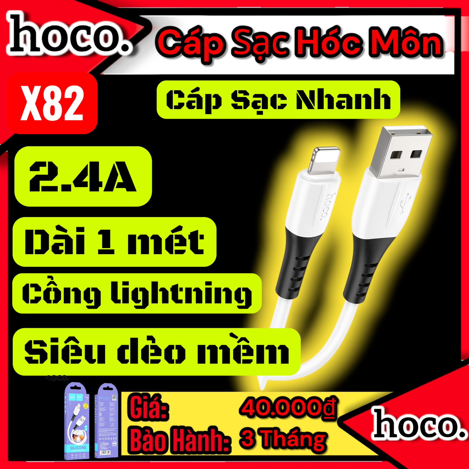 (có VAT) Cáp Sạc iPhone Hoco X82 Dây Silicone Mềm | Chuẩn Lightning | Sạc Nhanh 2.4A | Vi Tính Hóc Môn | hoco Hóc Môn