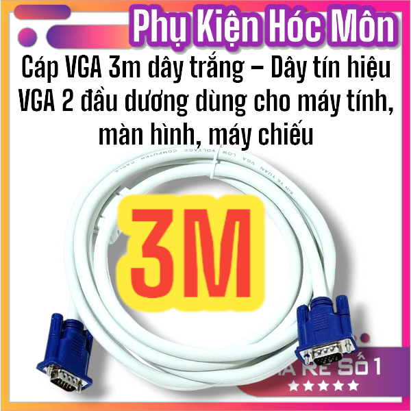 Cáp VGA 3m Dây Trắng | Dây Tín Hiệu VGA 2 Đầu Dương | Kết Nối Máy Tính Màn Hình Máy Chiếu | Vi Tính Hóc Môn
