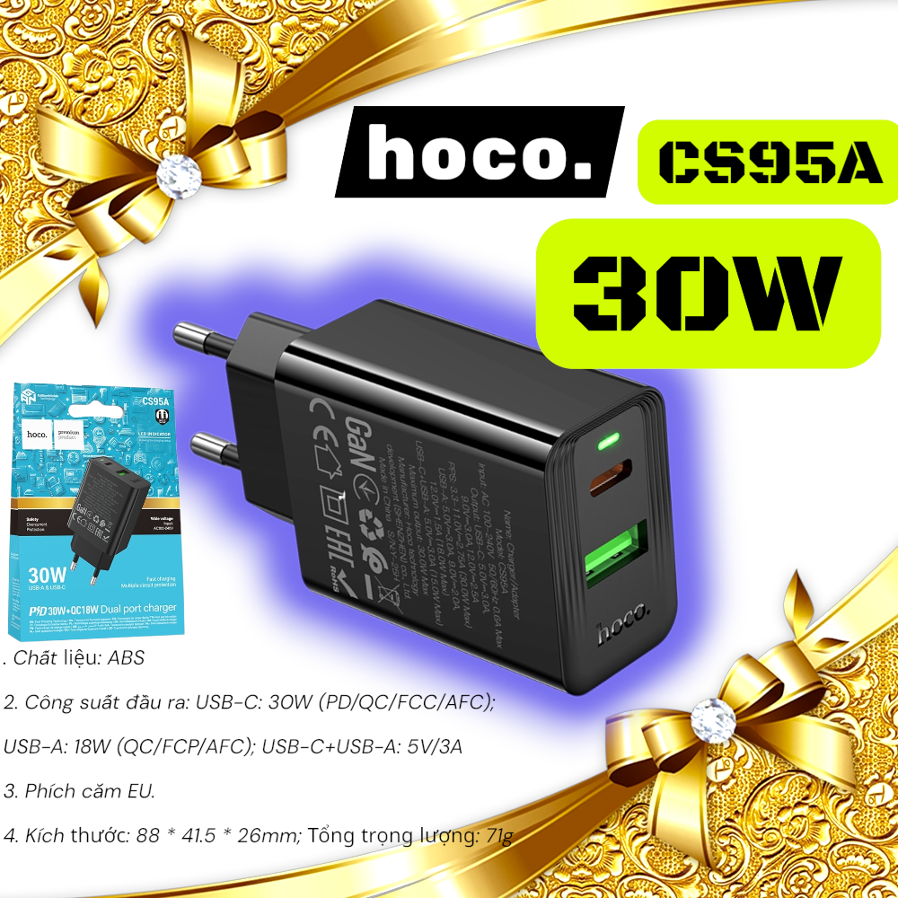 Củ sạc Cốc sạc Hoco CS95A Leader PD30W+QC3.0 MỚI (EU)