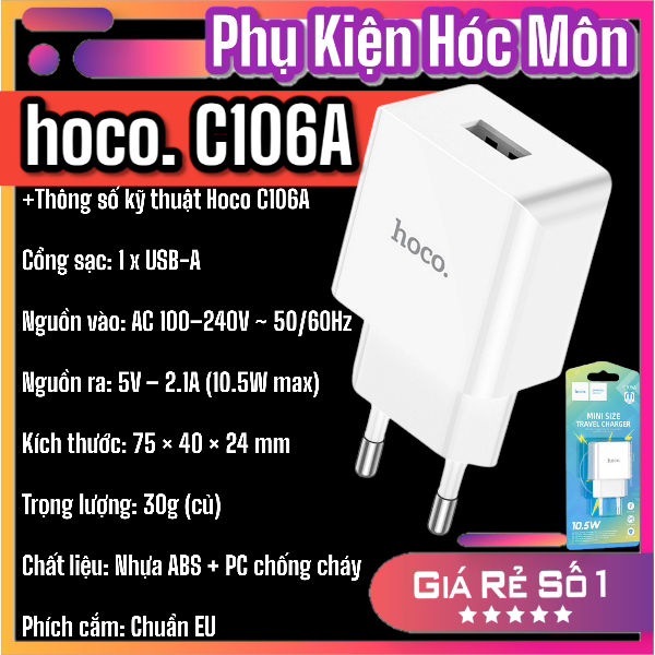 Củ Sạc Hoco C106A 1 Cổng USB | Sạc Nhanh 2.4A | Nhỏ Gọn Tiện Lợi | Chính Hãng Hoco | Vi Tính Hóc Môn