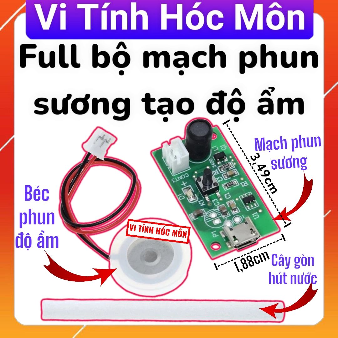 Full bộ mạch phun sương tạo độ ẩm 5V xài cây gòn thấm hút, khuếch tán tinh dầu, phun sương siêu âm 16mm