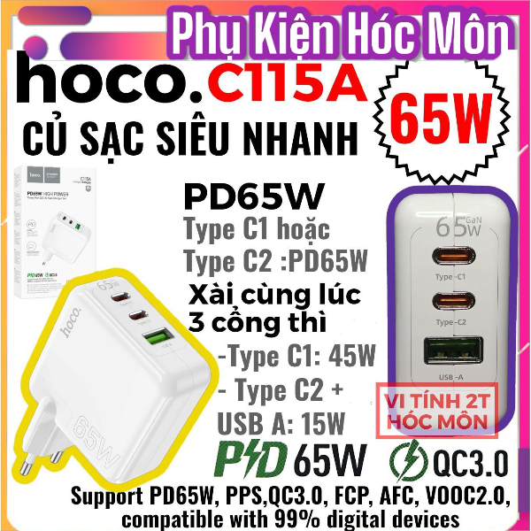 Củ Sạc Nhanh Hoco C115A – Công Suất 65W, Chuẩn PD, 2 Cổng Type-C + 1 USB