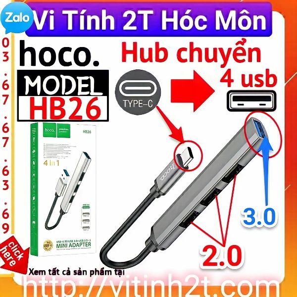 Hub chuyển Type c sang usb 4in1 hoco HB26 2.0 3.0