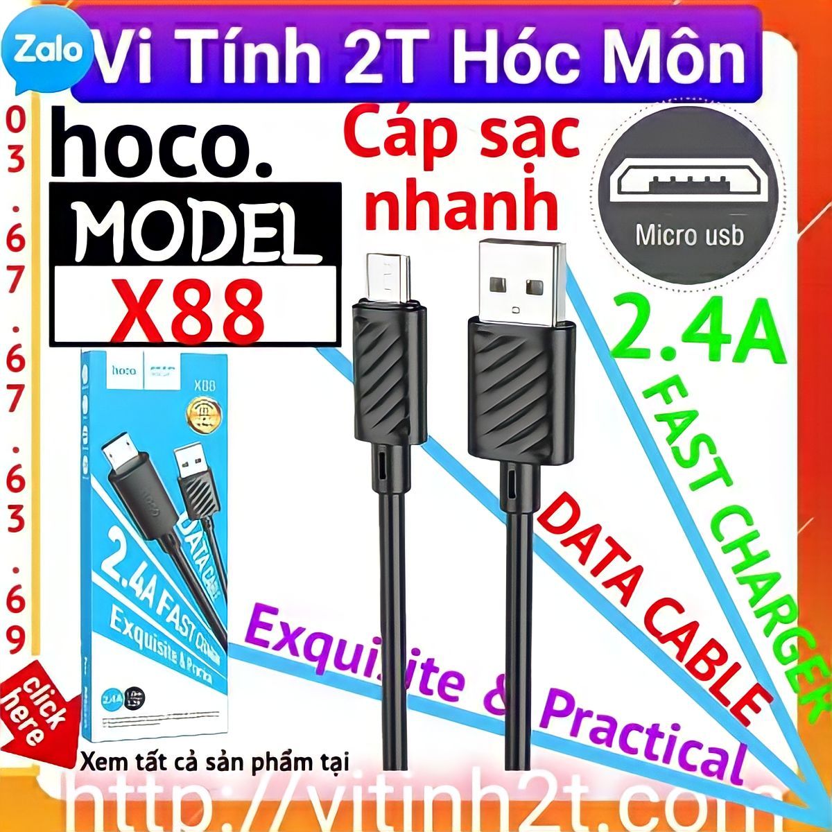 (micro usb) Cáp sạc nhanh 2.4A hoco x88