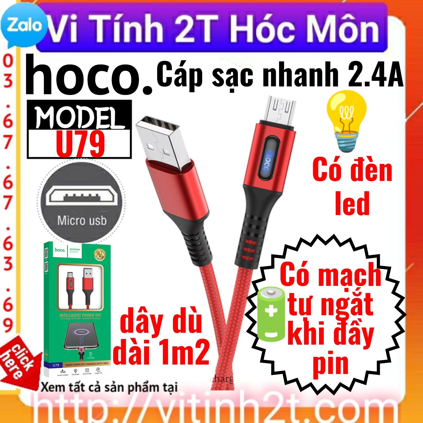 [Micro usb] hoco U79 Cáp sạc nhanh 2.4A tự ngắt
