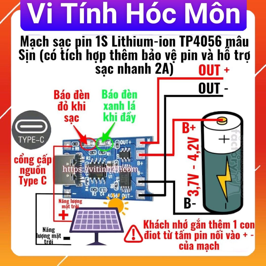 Mạch sạc pin 1S Lithium-ion TP4056 mẫu Sịn (có tích hợp thêm bảo vệ pin và hỗ trợ sạc nhanh 2A) cổng type C