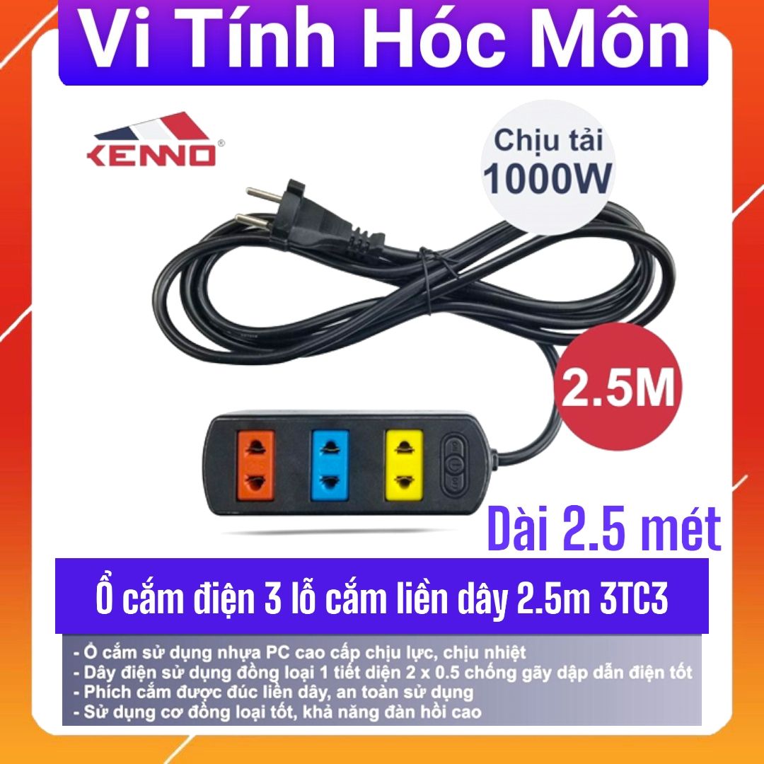 Ổ Cắm Điện Kenno 3 Lỗ Màu Dây 2.5m Chính Hãng
