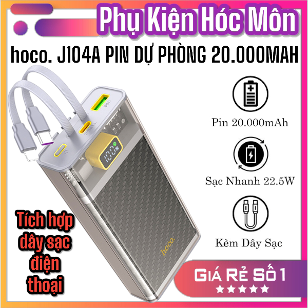 Pin dự phòng Hoco J104A 20000mAh QC3.0 22.5W | Sạc nhanh PD Type-C 20W | Kèm 2 cáp tiện lợi | Vi Tính Hóc Môn