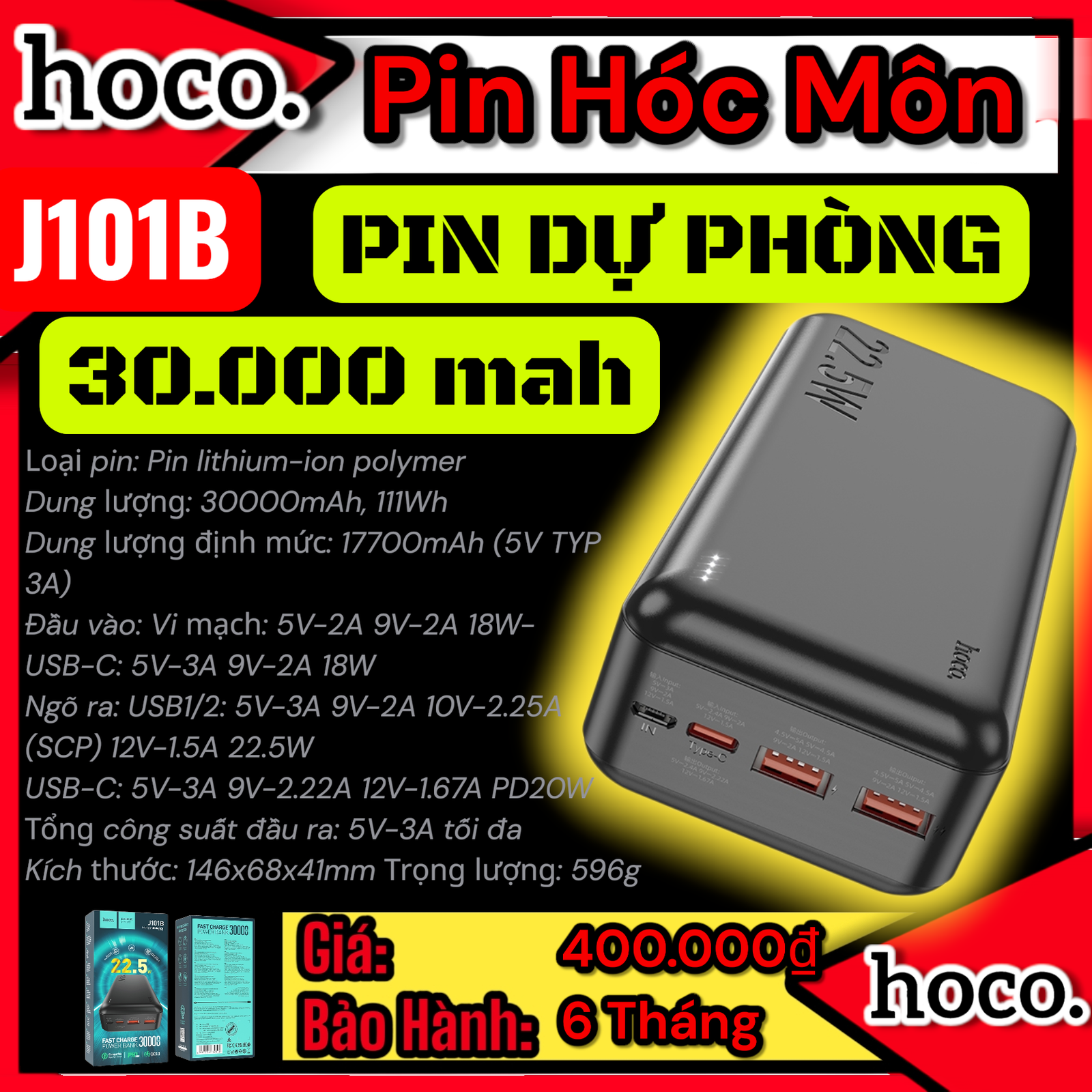 (có VAT) Pin Sạc Dự Phòng Hoco J101B 30000mAh Chính Hãng | Dung Lượng Lớn | Sạc Nhanh Ổn Định | An Toàn Pin | Giá Tốt | Vi Tính Hóc Môn | Hoco Hóc Môn