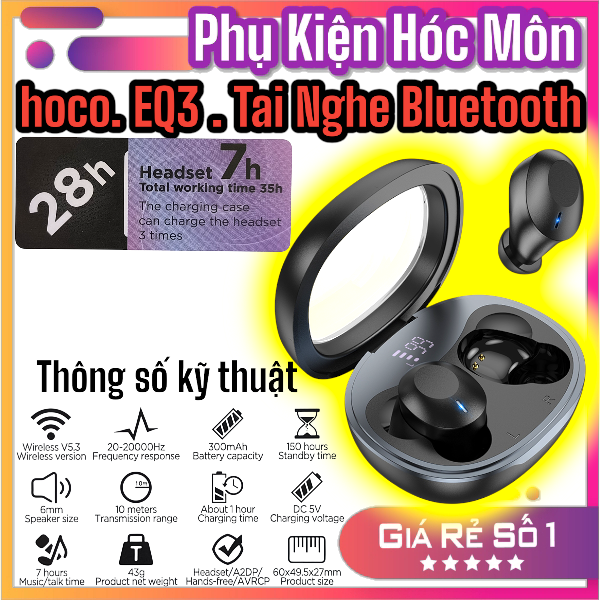 Tai nghe Bluetooth Hoco EQ3 Crystal TWS Headset Smart | Âm thanh trong trẻo | Kết nối ổn định Bluetooth 5.3 | Thiết kế sang trọng thời trang | Pin bền sử dụng lâu | Tai nghe không dây chính hãng Hoco | Vi Tính Hóc Môn