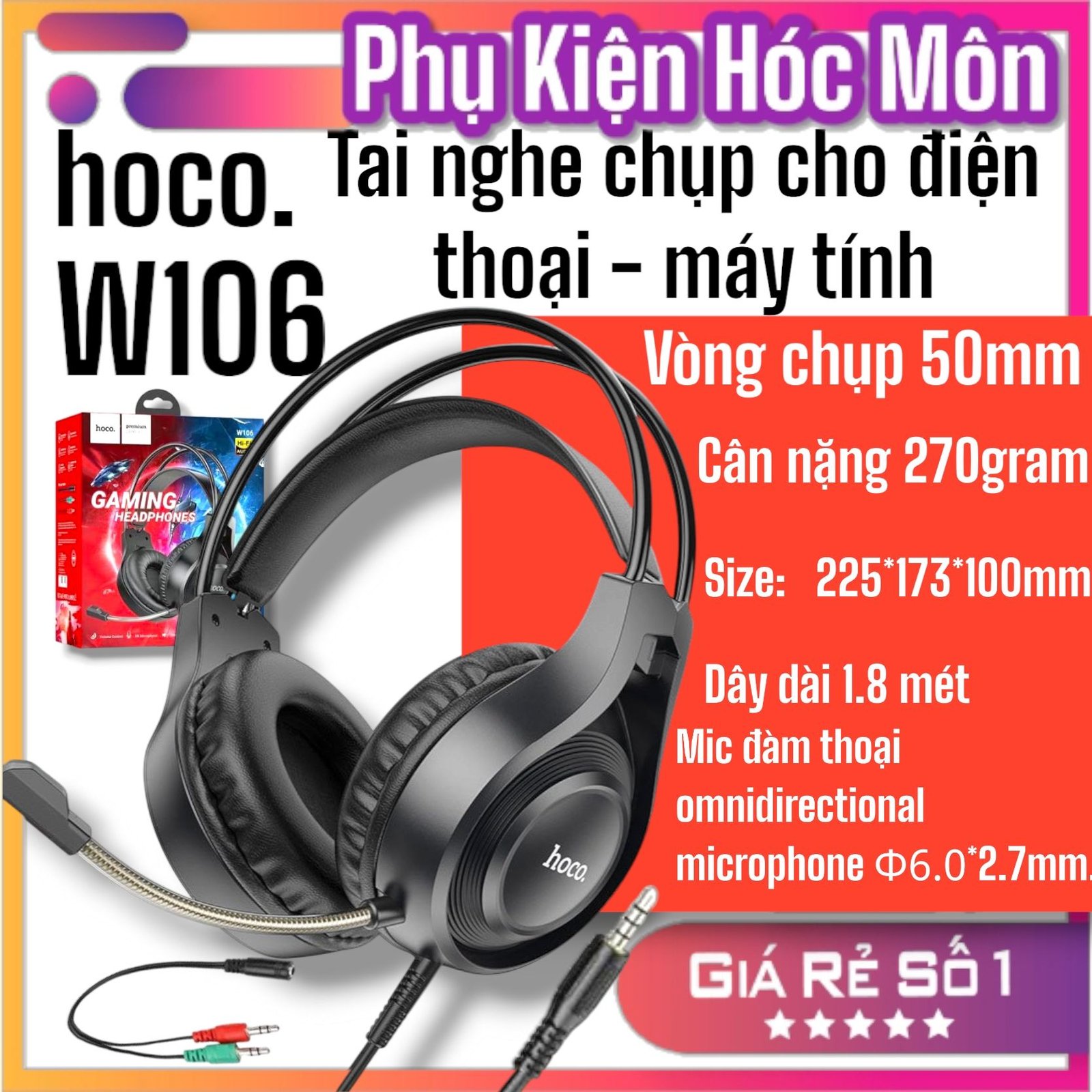 Tai nghe chụp tai gaming hoco w106 headphone