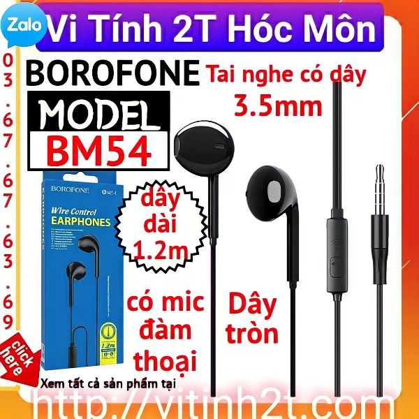 Tai nghe có dây borofone BM54 có mic đàm thoại , jack cắm 3.5mm