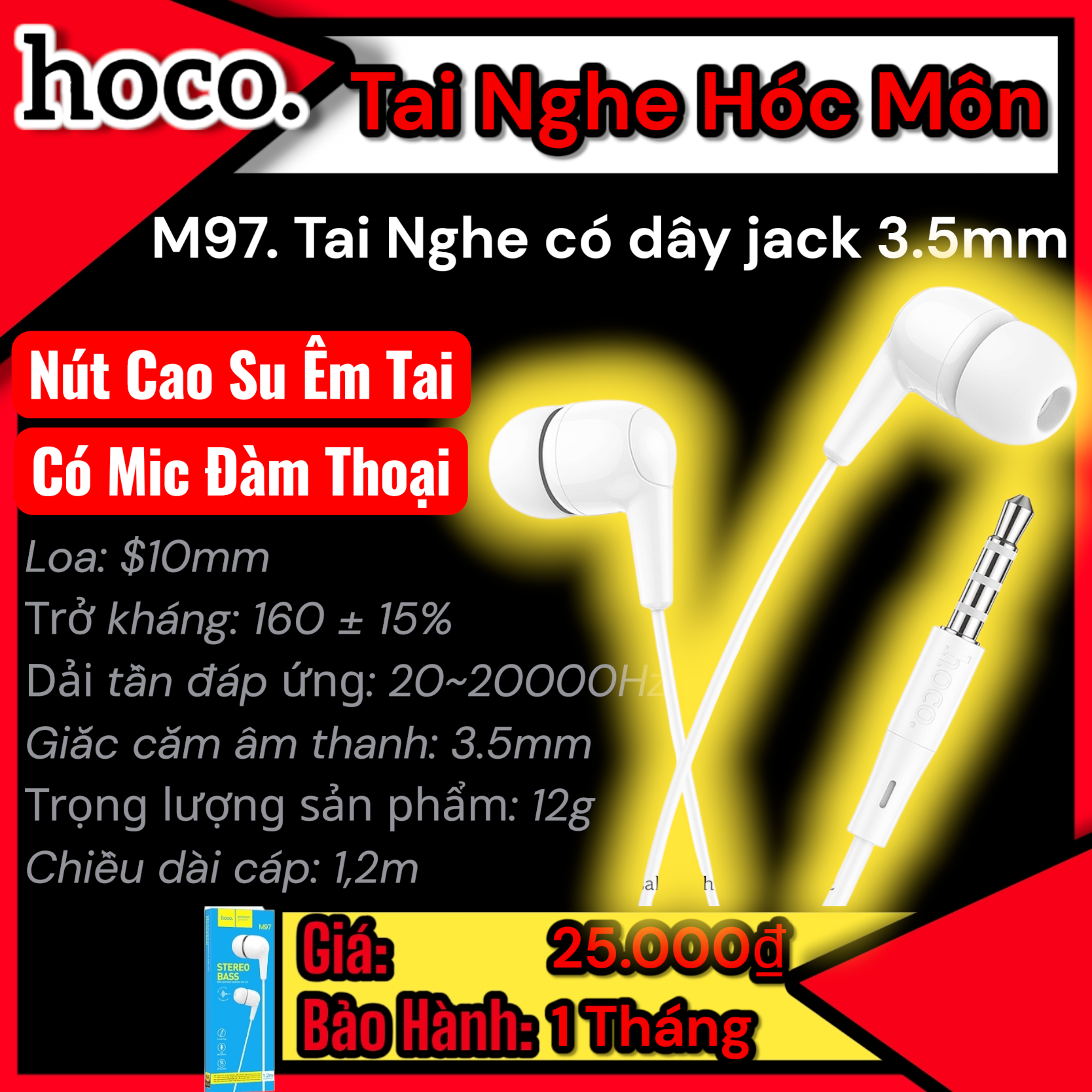 (có VAT) Tai nghe có dây Hoco M97 có mic đàm thoại | Âm thanh cực chuẩn | Jack cắm 3.5mm tương thích mọi thiết bị | Giá tốt |Tai Nghe Hóc Môn