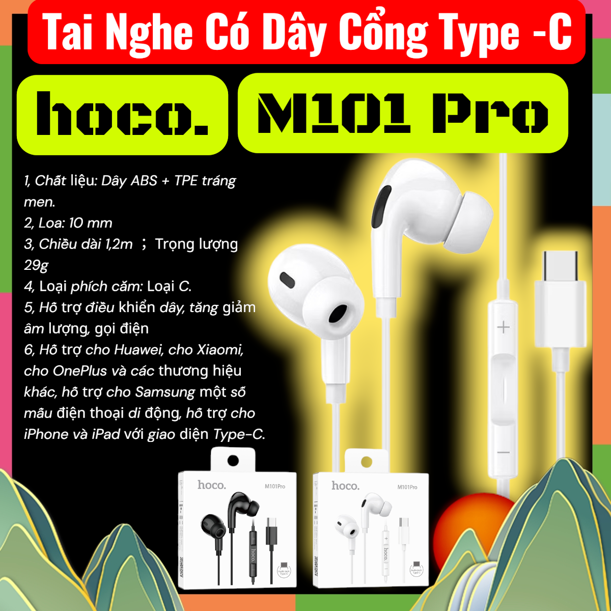 Tai nghe dây Hoco M101 Pro Type-C có micrô | Tai nghe Type-C chính hãng | Tai nghe có mic đàm thoại rõ | Tai nghe Hoco giá rẻ | Tai nghe cho Android Type-C | Tai nghe nghe nhạc bass tốt | Tai nghe học online | Tai nghe chơi game có mic | Tai nghe có dây b