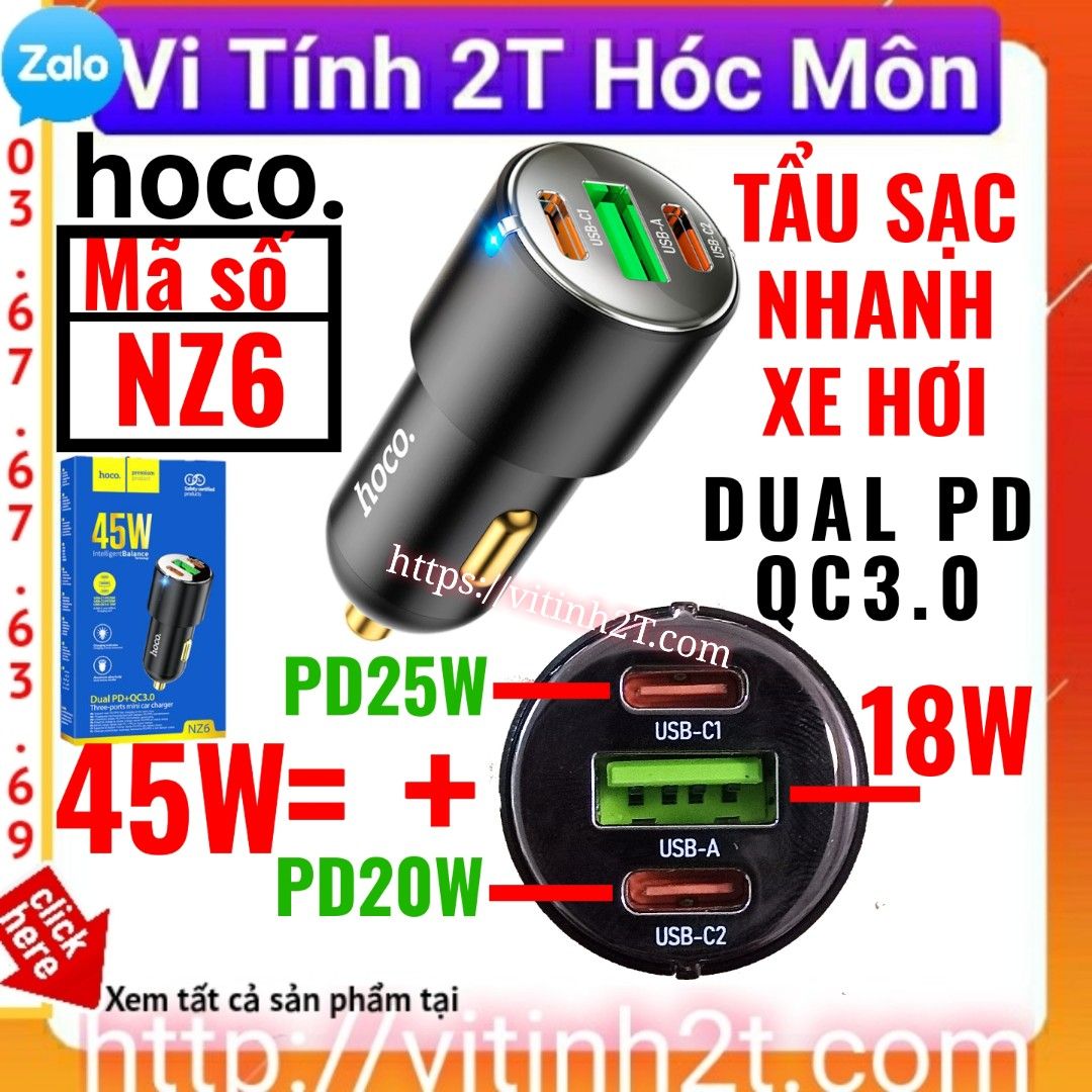 Tẩu sạc nhanh 45W Hoco NZ6 3 cổng sạc nhanh PD20W PD25W và QC3.0 18W