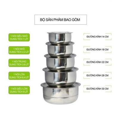 Bộ 5 Thố Inox Không Quai Có Nắp Đậy Đủ Kích Thước Cao Cấp
