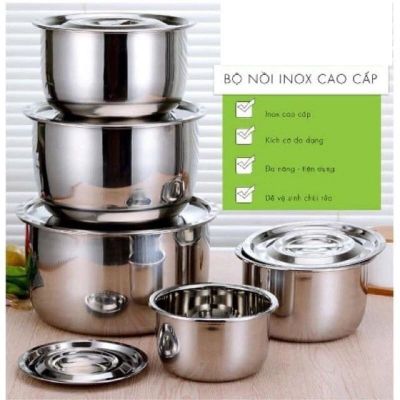 Bộ 5 Thố Inox Không Quai Có Nắp Đậy Đủ Kích Thước Cao Cấp
