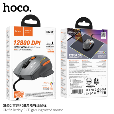 Chuột chơi game 6 NÚT có dây Hoco GM52 Reddy RGB 12800 DPI GAMING