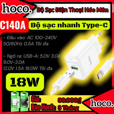 (có VAT) Bộ Sạc Hoco C140A QC3.0 Cổng Đơn Type-C EU | Sạc Nhanh Thông Minh | An Toàn Ổn Định | Dùng Cho iPhone Android | Giá Tốt | Vi Tính Hóc Môn | hoco Hóc Môn