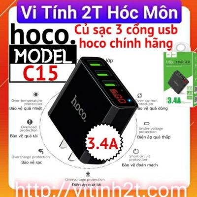Củ sạc 3 cổng USB Hoco C15 có màn LED hiển thị đo dòng Hàng Chính Hãng