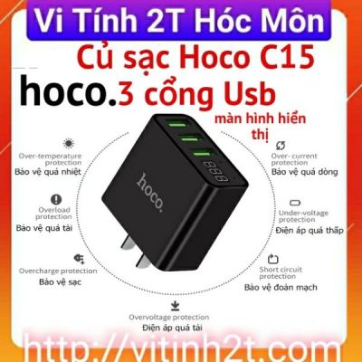 Củ sạc 3 cổng USB Hoco C15 có màn LED hiển thị đo dòng Hàng Chính Hãng