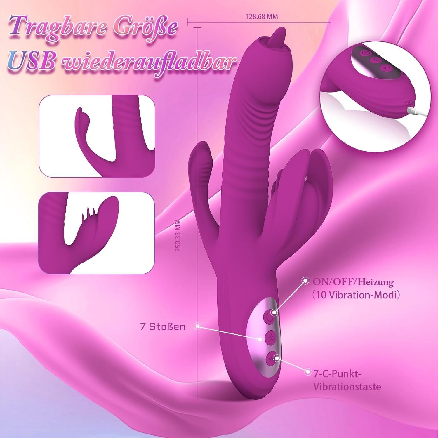 Máy rung điểm G 4 trong 1 hình thỏ  | Vibrator kích thích âm vật và điểm G | Lưỡi liếm xoay rung đẩy thụt | 10 chế độ rung mạnh | 7 chế độ xoay thu vào | Chất liệu silicone cao cấp | Có nhiệt làm ấm | Thiết kế cho nữ | Kín đáo an toàn | Sextoy cao