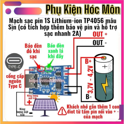 Mạch sạc pin 1S Lithium-ion TP4056 mẫu Sịn (có tích hợp thêm bảo vệ pin và hỗ trợ sạc nhanh 2A) cổng type C
