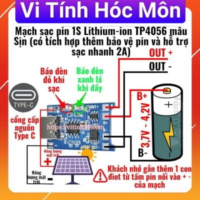Mạch sạc pin 1S Lithium-ion TP4056 mẫu Sịn (có tích hợp thêm bảo vệ pin và hỗ trợ sạc nhanh 2A) cổng type C