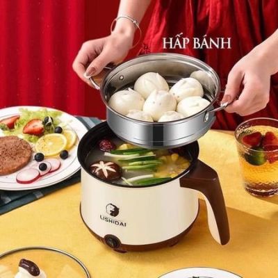 Nồi lẩu điện mini đa năng MANDELI 2 tầng kèm giá hấp dung tích 1.8L chống dính