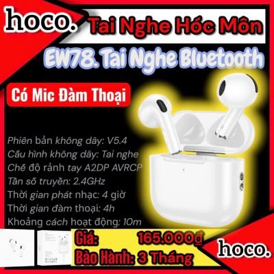 (có Vat) Tai nghe Bluetooth Hoco EW78 Chính Hãng | Chuẩn Bluetooth 5.4 | Kết nối ổn định nhanh chóng | Âm thanh sống động chân thực | Thiết kế nhỏ gọn tiện lợi | Pin bền sạc nhanh | Giá rẻ chính hãng | Tai Nghe Hóc Môn