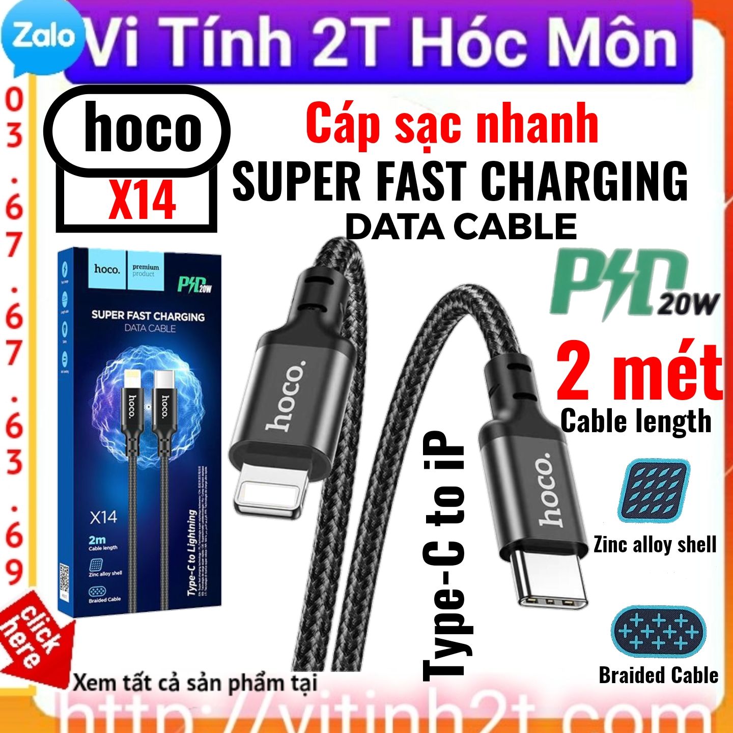 [Type C to iP] [Dài 2M] Cáp sạc nhanh lightning PD20W Type C to lightning Hoco x14 dài 2 mét