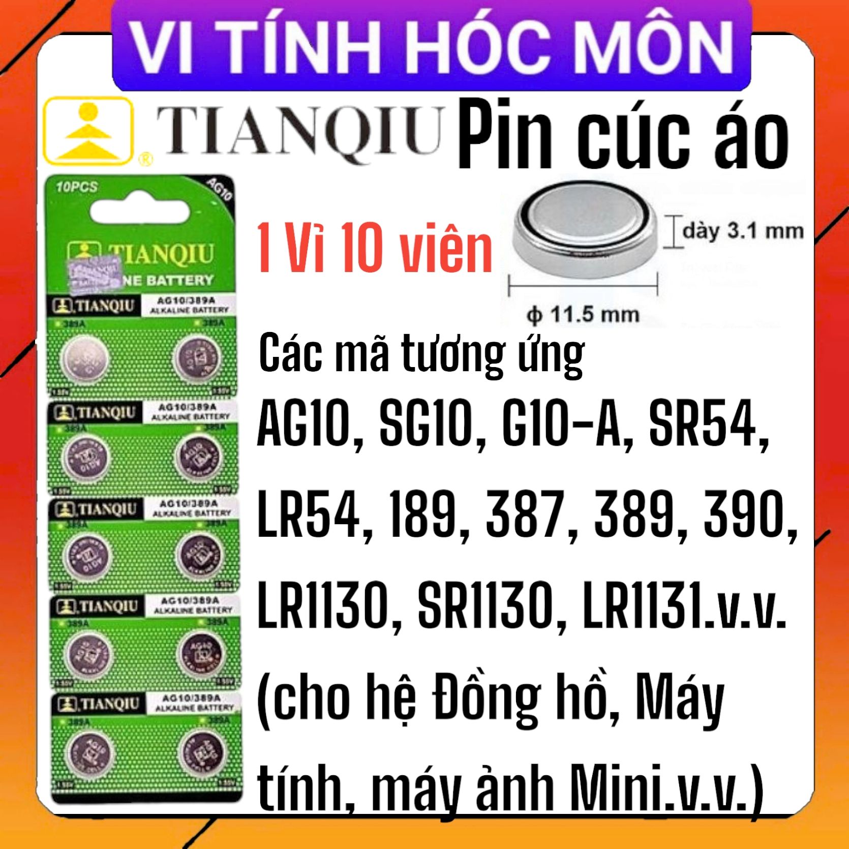 Vỉ 10 Viên Pin cúc áo PIN AG10 SG10 SR54 LR54 189 387 389 390 LR1130 SR1130 LR1131 SR1131 1138SO Tianqiu 1.55V - 1 vỉ 10 viên